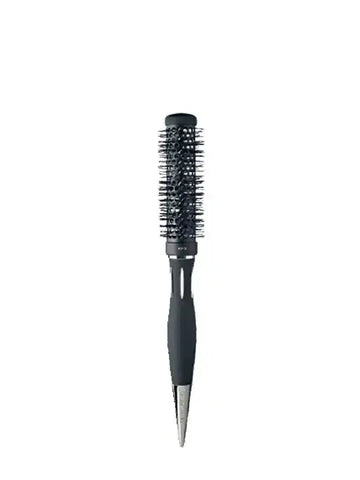Black ceramic core round brush for drying and styling hair, 25mm size, with non-slip handle and heat-resistant bristles.