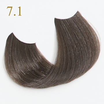 Oro Therapy 7.1 Dark blonde ash hair color swatch showcasing smooth, shiny hair strands.