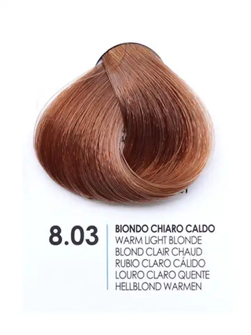 Fanola 8.03 warm light blonde hair color sample swatch showing rich, shiny hues for vibrant hair.