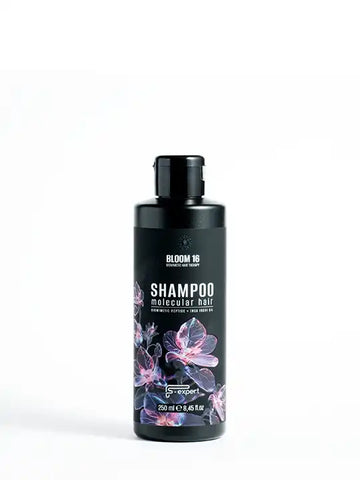 Bloom 16 restoring hair care shampoo bottle with floral design, 250 ml, perfect for molecular hair treatment.