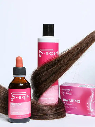 F-Expert енергизираща линия за коса с шампоан, масло и серум за растеж и укрепване на косата.